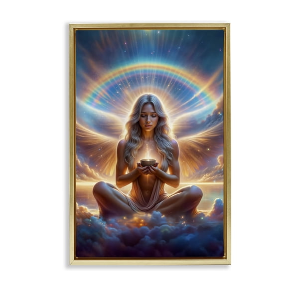 Stupell Industries Enlightened Angel with Tea Spiritual Painting Gold Floater Framed Canvas Art Print Wall Art, 17 x 25