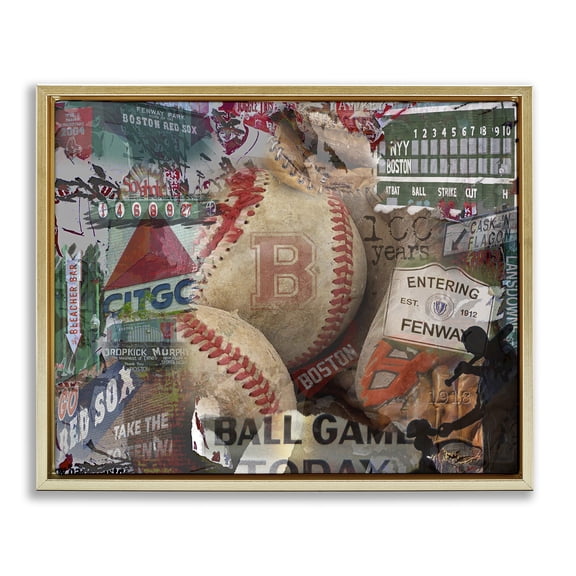 Stupell Industries Entering Fenway Baseball Collage Sports Painting Gold Floater Framed Canvas Art Print Wall Art, 21 x 17