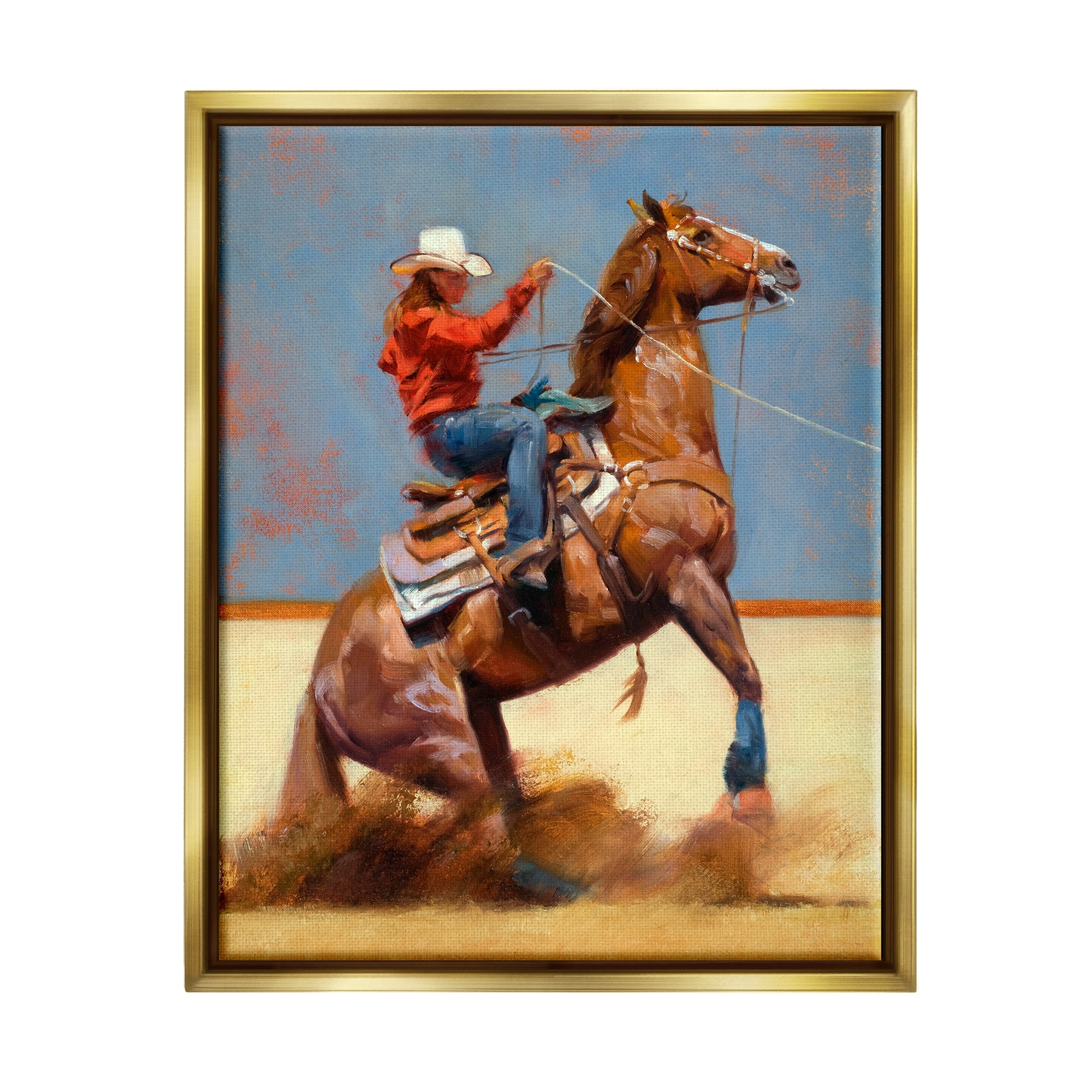 Stupell Industries Equestrian Cowboy Painting Animals & Insects Painting Gold Floater Framed Art Print Wall Art, 17 x 21