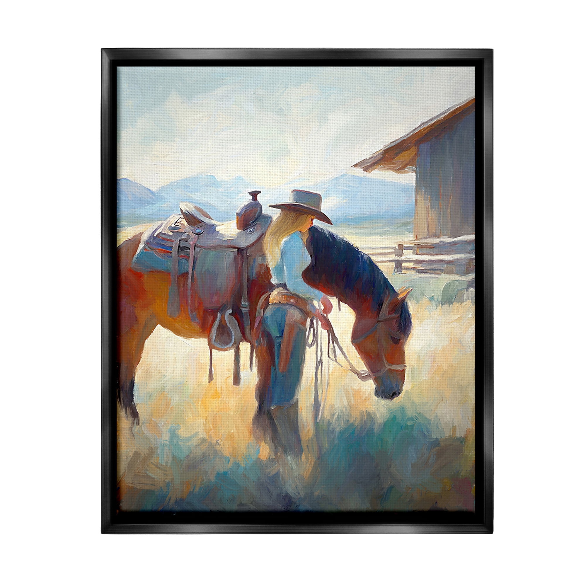 Stupell Industries Equestrian Girl & Horse Animals & Insects Painting Black Floater Framed Canvas Art Print Wall Art, 25 x 31