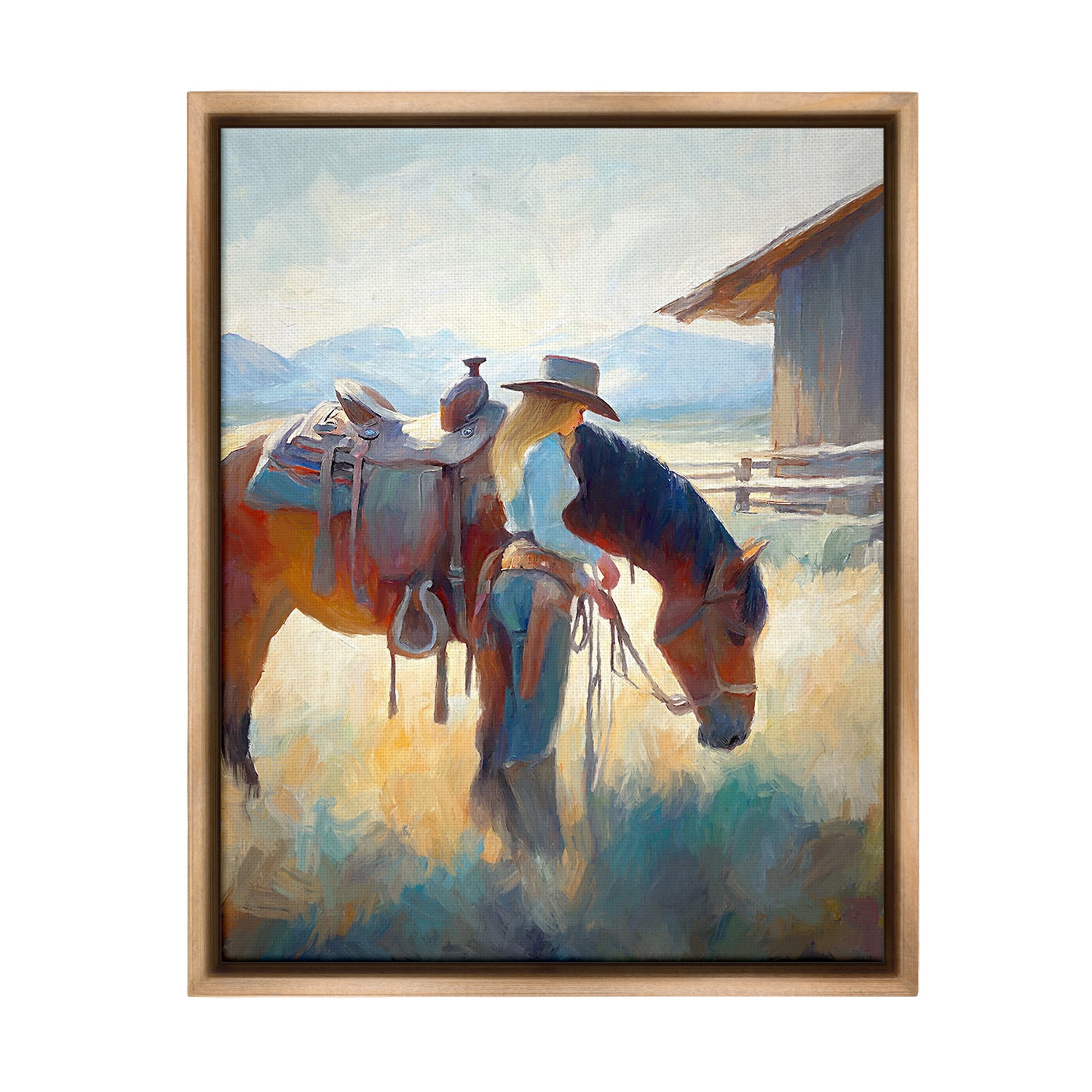 Stupell Industries Equestrian Girl & Horse Animals & Insects Painting Brown Floater Framed Canvas Art Print Wall Art, 17 x 21
