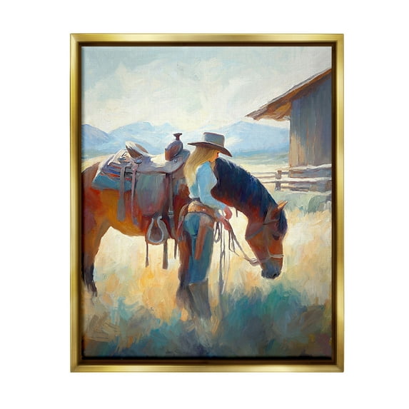 Stupell Industries Equestrian Girl & Horse Animals & Insects Painting Gold Floater Framed Canvas Art Print Wall Art, 25 x 31
