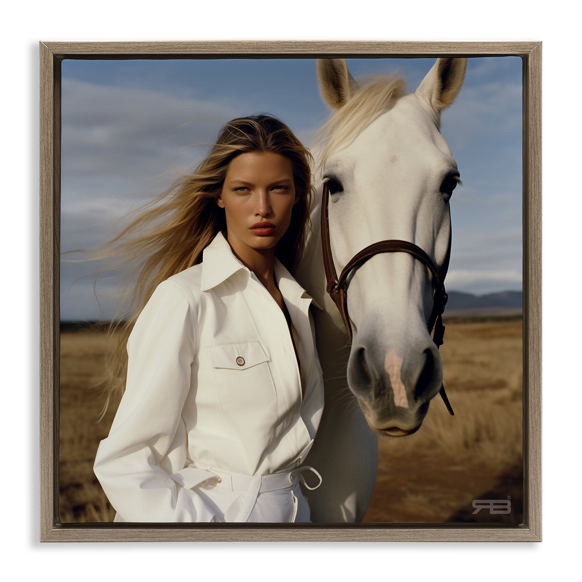 Stupell Industries Equestrian Girl & White Horse People Painting Brown Floater Framed Canvas Art Print Wall Art, 25 x 25