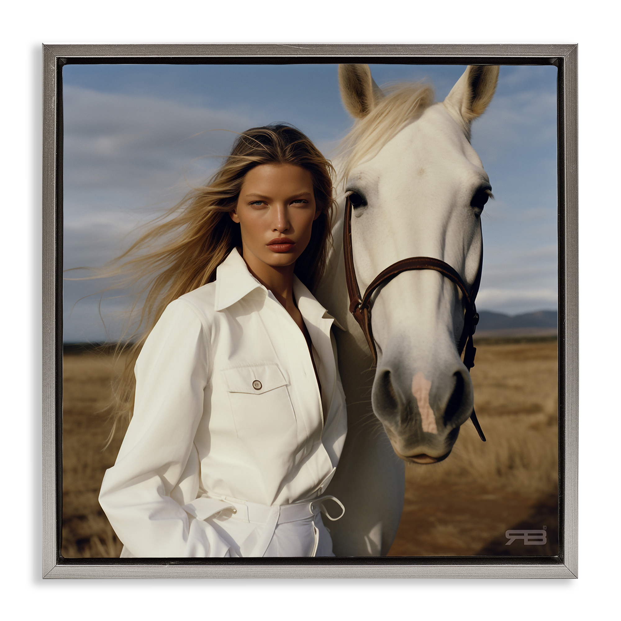 Stupell Industries Equestrian Girl & White Horse People Painting Gray Floater Framed Canvas Art Print Wall Art, 25 x 25