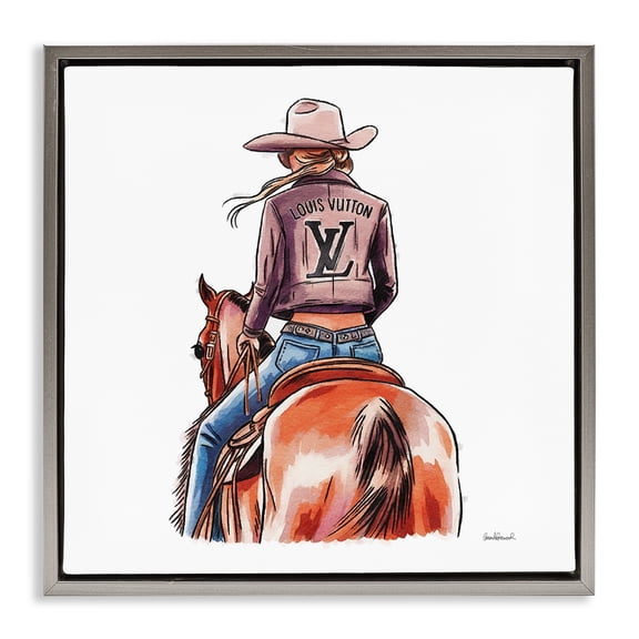 Stupell Industries Equestrian Glam Cowgirl People Painting Gray Floater Framed Canvas Art Print Wall Art, 18 x 18