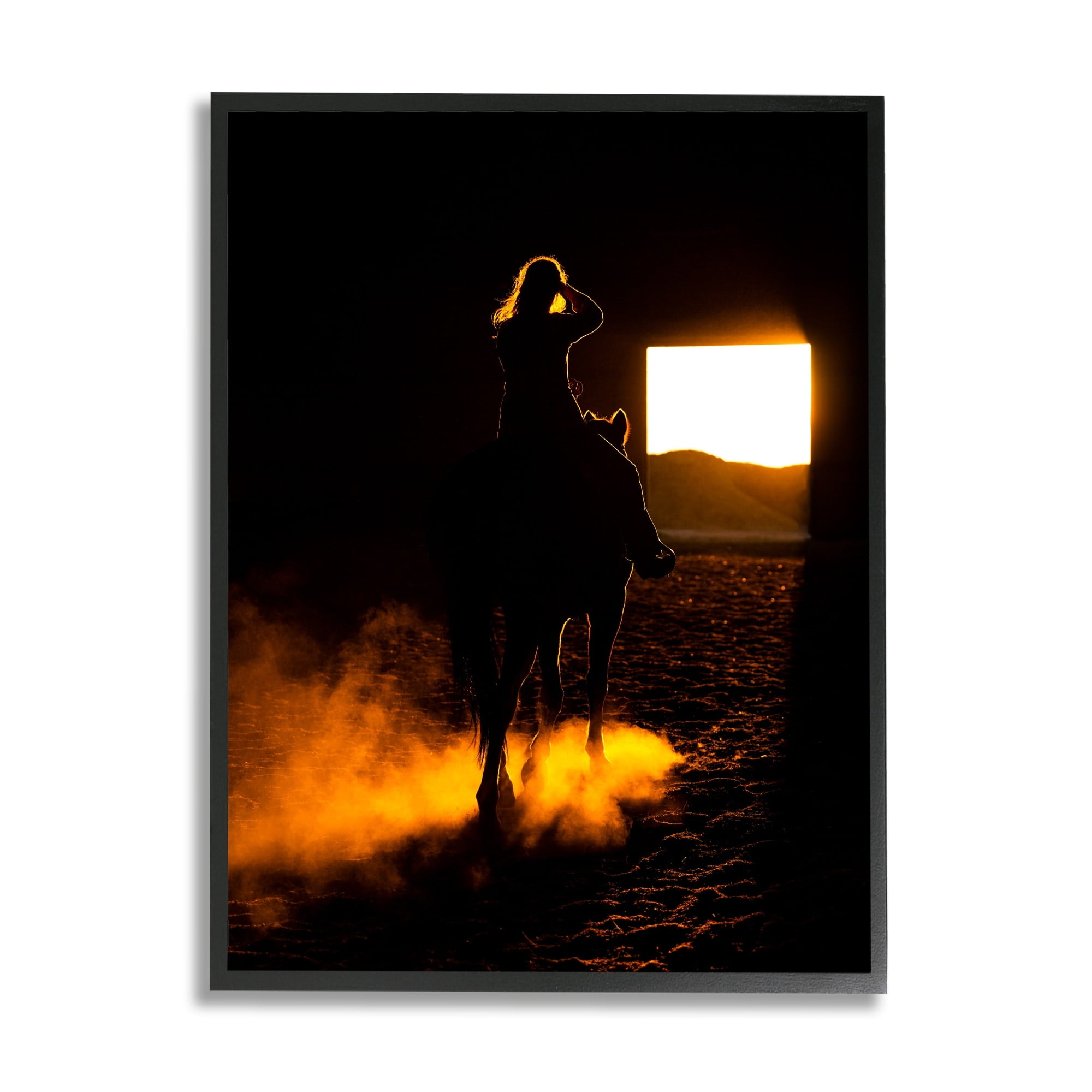 Stupell Industries Equestrian Horse Jockey Silhouette Vivid Light Flare Photograph Black Framed Art Print Wall Art, Design by Steve Smith