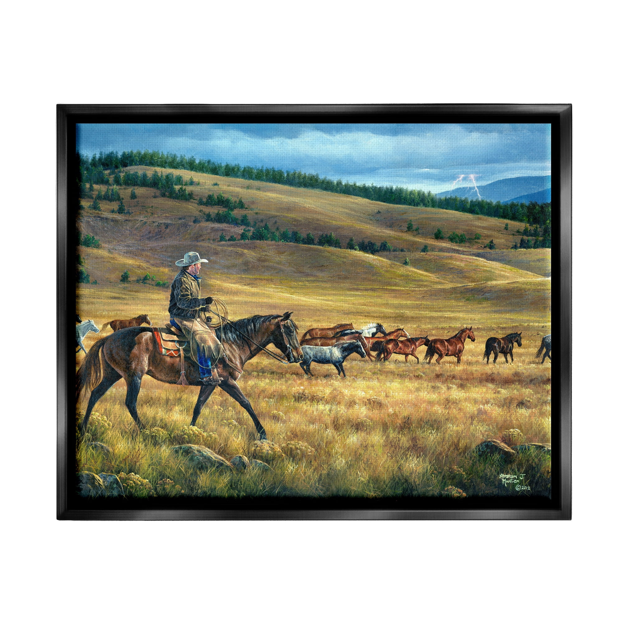 Stupell Industries Equestrian Horse Landscape Animals & Insects Painting Black Floater Framed Canvas Art Print Wall Art, 21 x 17