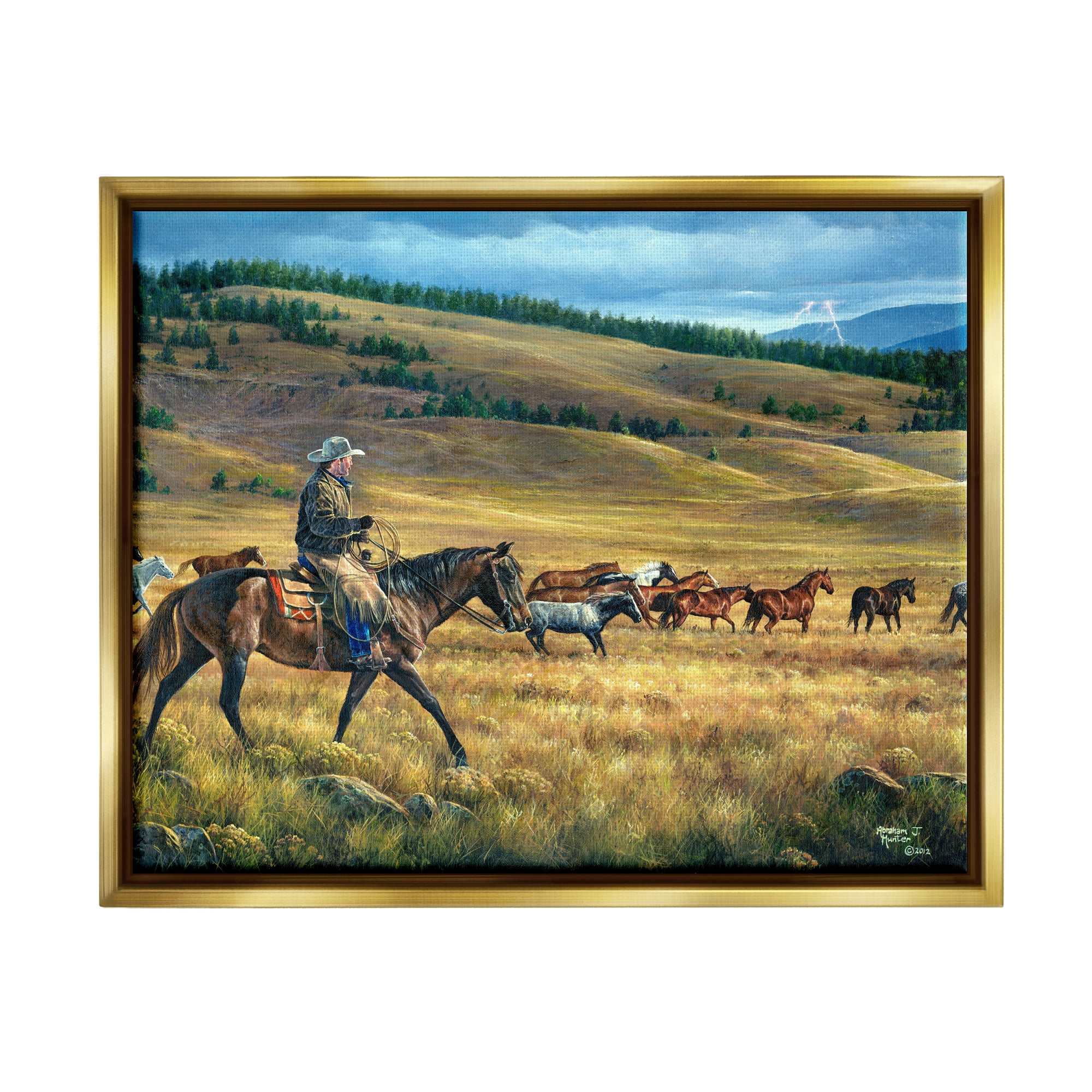 Stupell Industries Equestrian Horse Landscape Animals & Insects Painting Gold Floater Framed Canvas Art Print Wall Art, 31 x 25