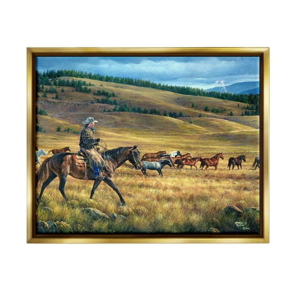 Stupell Industries Equestrian Horse Landscape Animals & Insects Painting Gold Floater Framed Canvas Art Print Wall Art, 31 x 25