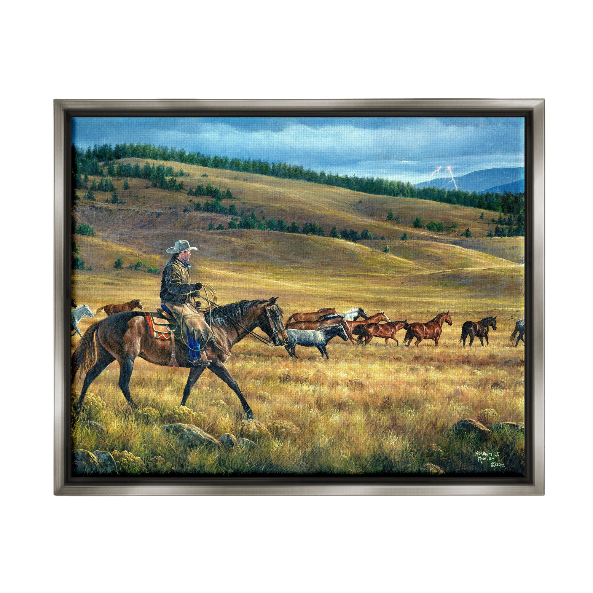 Stupell Industries Equestrian Horse Landscape Animals & Insects Painting Gray Floater Framed Canvas Art Print Wall Art, 31 x 25