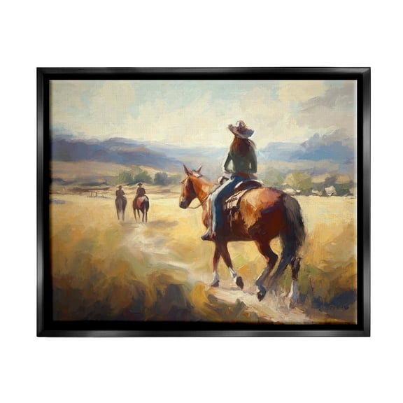 Stupell Industries Equestrian Horse Riding Scene Landscape Painting Black Floater Framed Canvas Art Print Wall Art, 21 x 17