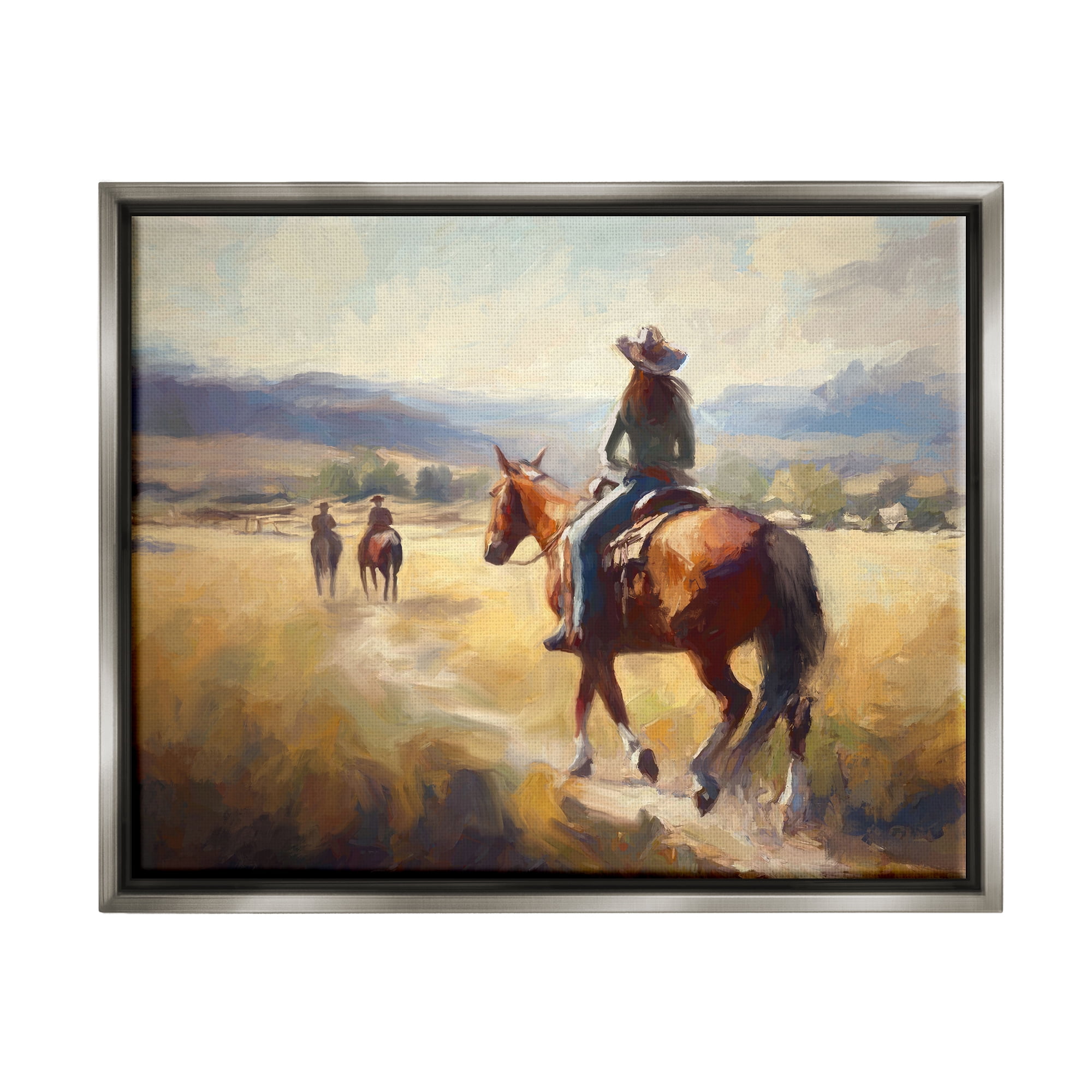 Stupell Industries Equestrian Horse Riding Scene Landscape Painting Gray Floater Framed Canvas Art Print Wall Art, 31 x 25