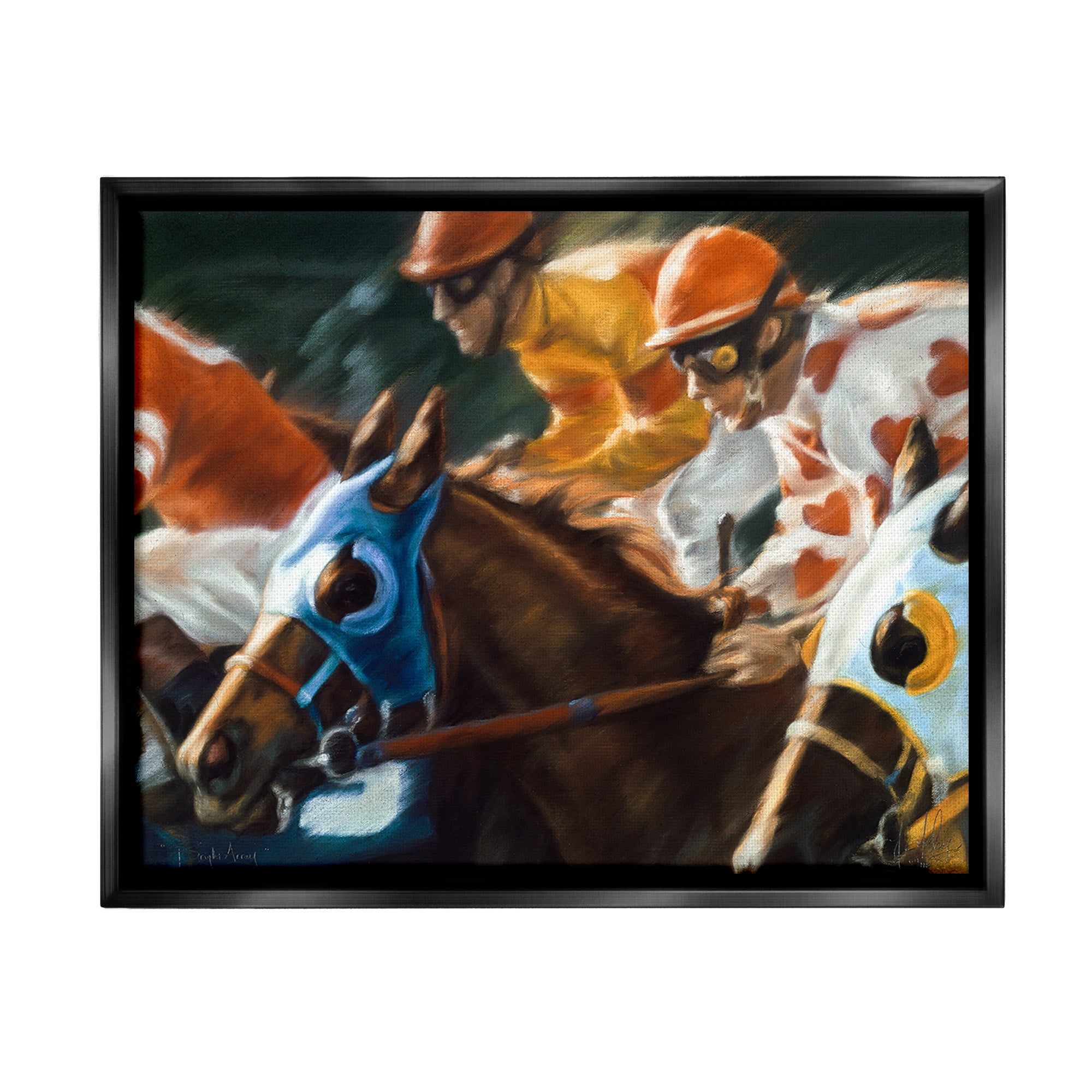 Stupell Industries Equestrian Jockeys Racing Animals & Insects Painting Black Floater Framed Canvas Art Print Wall Art, 31 x 25