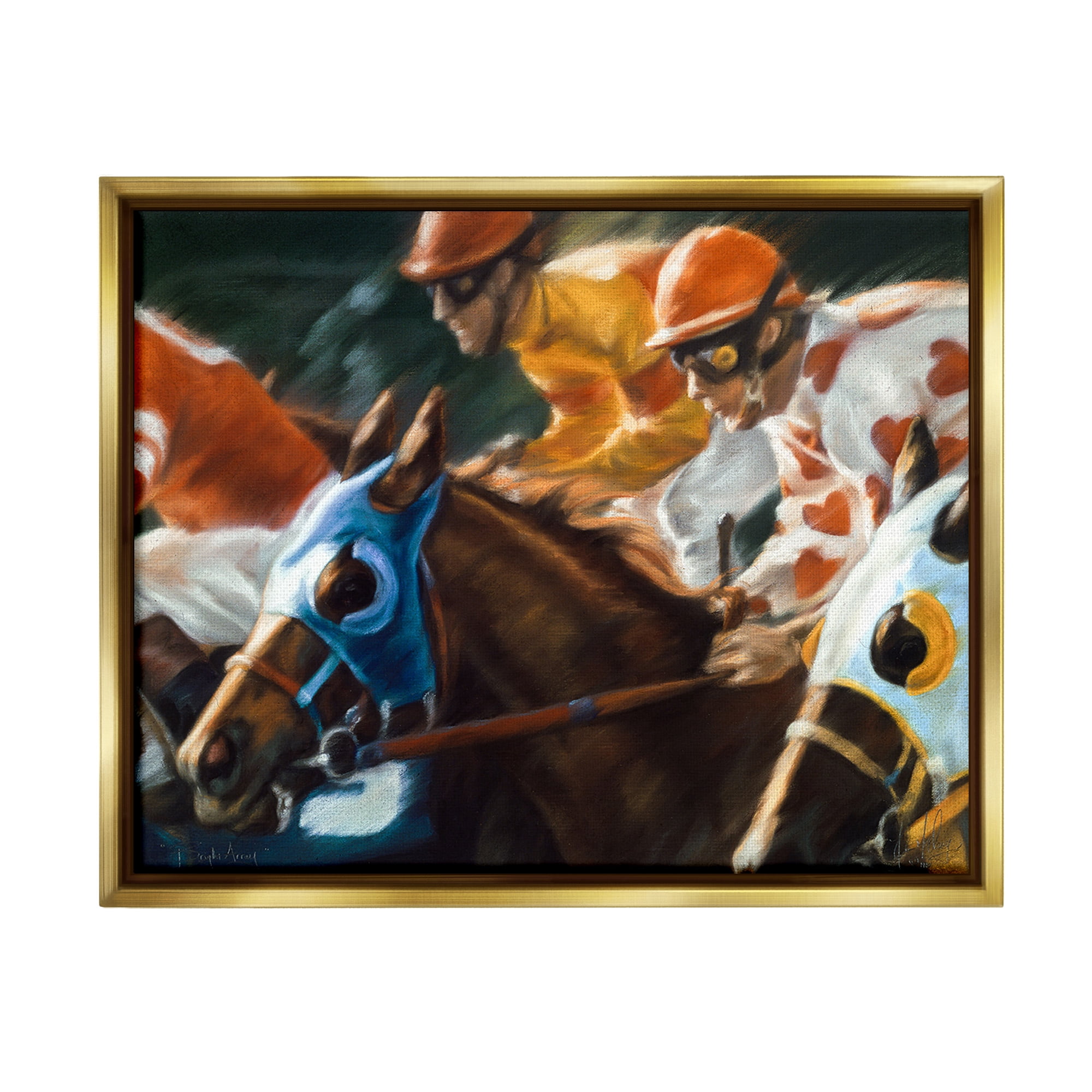 Stupell Industries Equestrian Jockeys Racing Animals & Insects Painting Gold Floater Framed Canvas Art Print Wall Art, 31 x 25