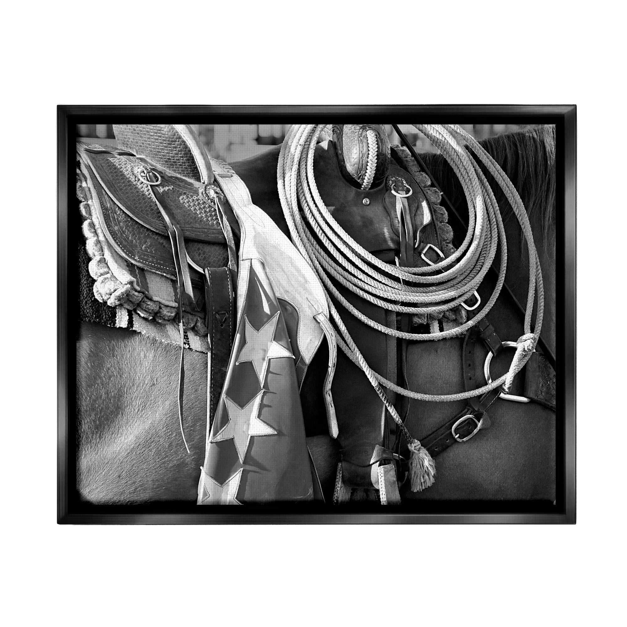 Stupell Industries Equestrian Saddle Photography Animals & Insects Photography Black Floater Framed Canvas Art Print Wall Art, 21 x 17