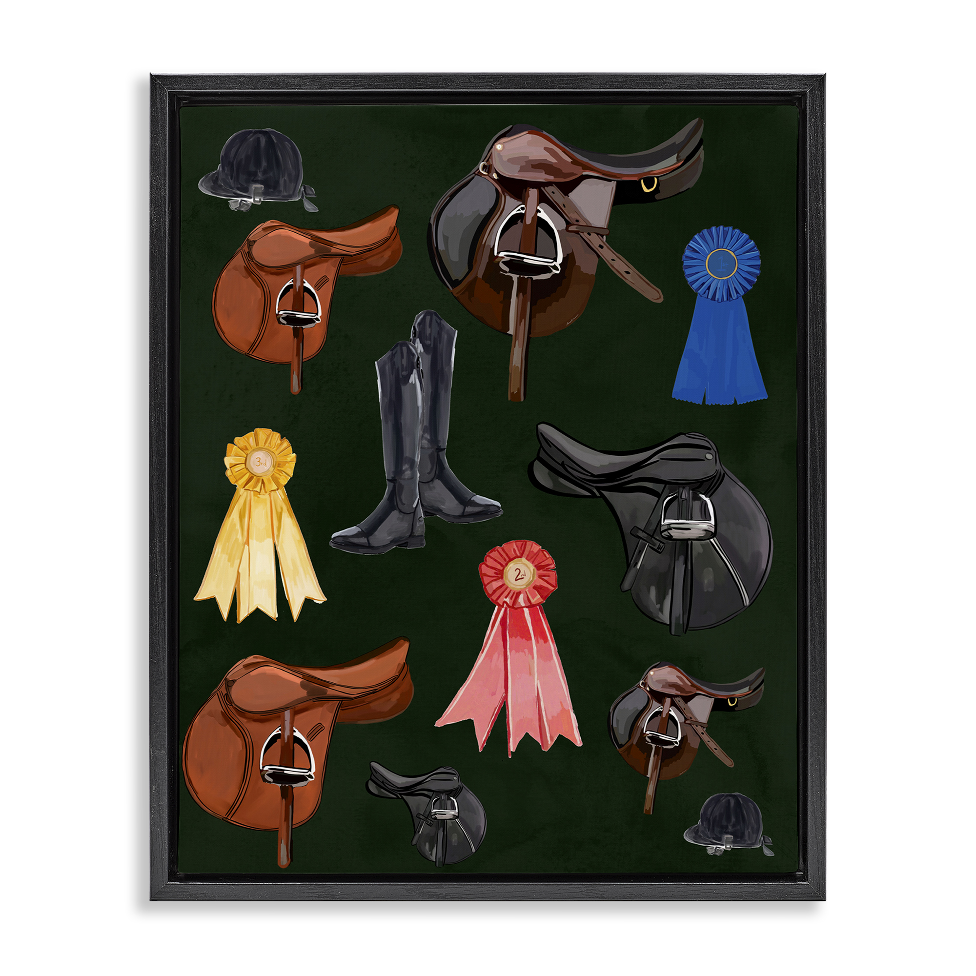 Stupell Industries Equestrian Saddles & Ribbons Sports Painting Black Floater Framed Art Print Wall Art, 17 x 21