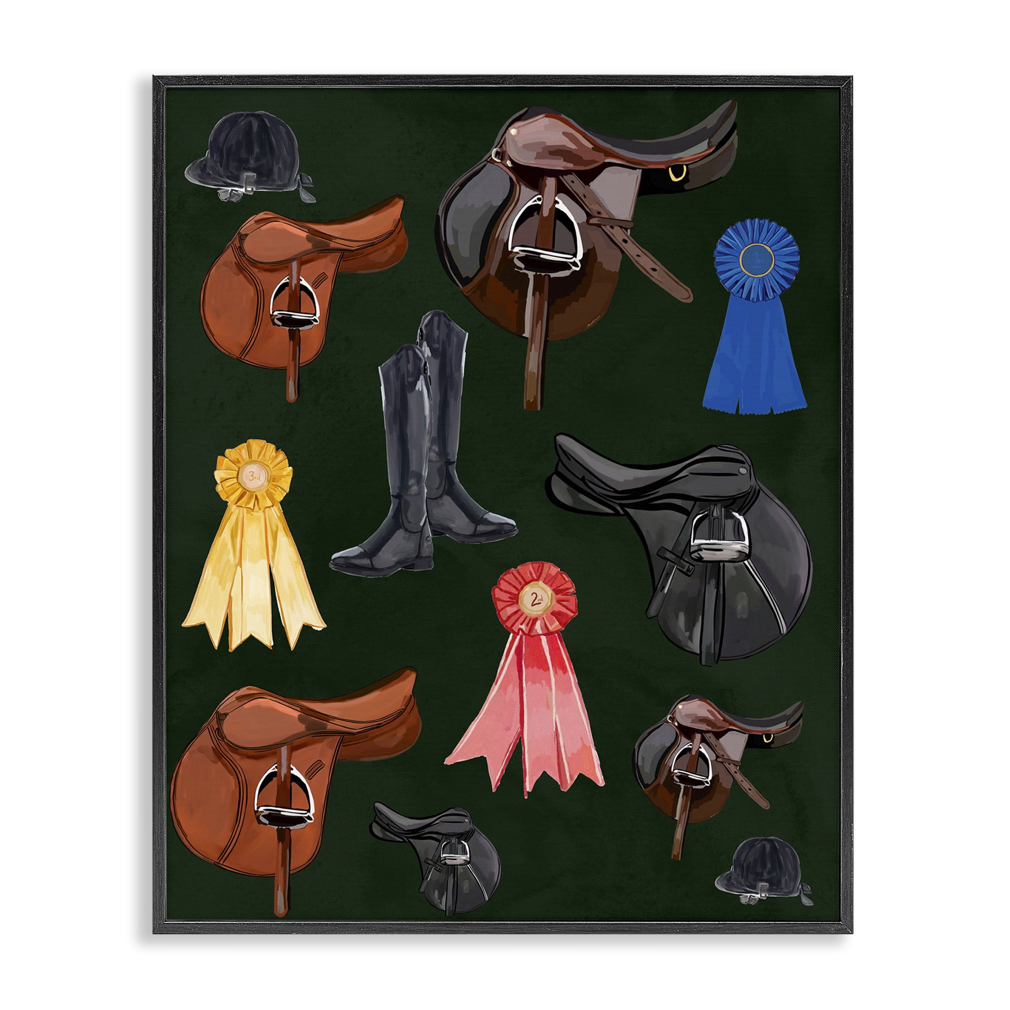 Stupell Industries Equestrian Saddles & Ribbons Sports Painting Black Framed Art Print Wall Art, 16 x 20