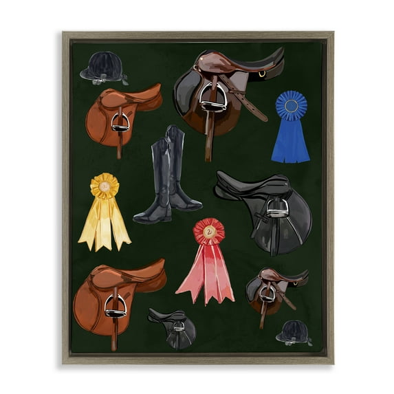 Stupell Industries Equestrian Saddles & Ribbons Sports Painting Brown Floater Framed Art Print Wall Art, 25 x 31