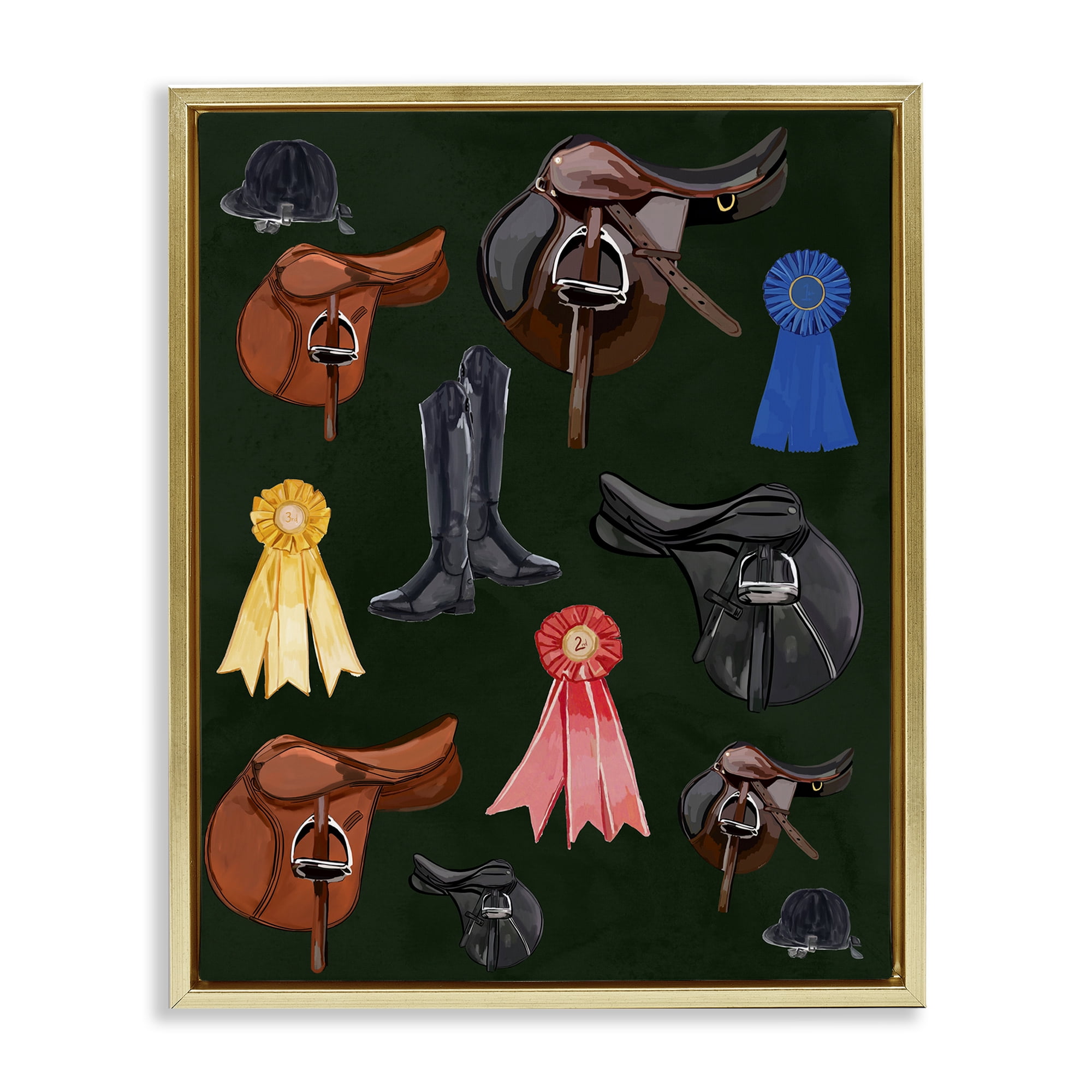 Stupell Industries Equestrian Saddles & Ribbons Sports Painting Gold Floater Framed Art Print Wall Art, 17 x 21