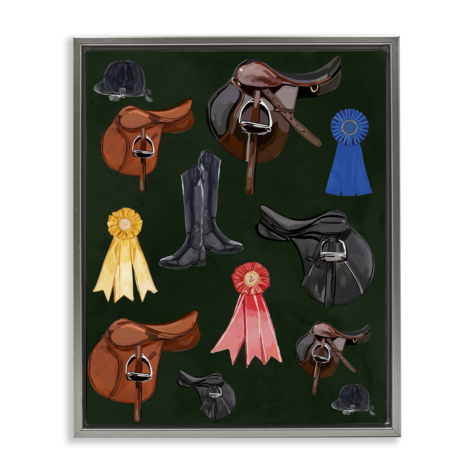Stupell Industries Equestrian Saddles & Ribbons Sports Painting Gray Floater Framed Art Print Wall Art, 17 x 21