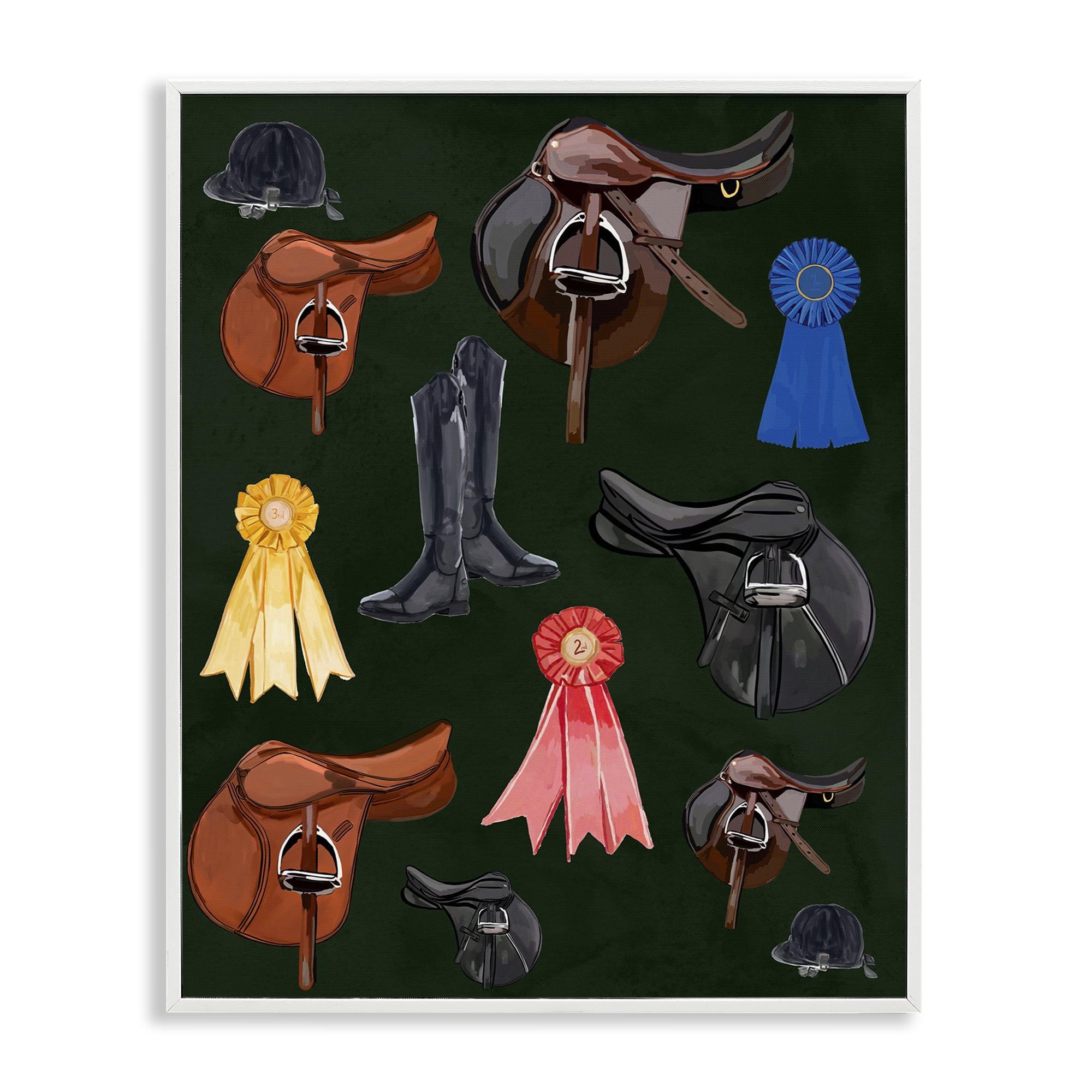 Stupell Industries Equestrian Saddles & Ribbons Sports Painting White Framed Art Print Wall Art, 11 x 14