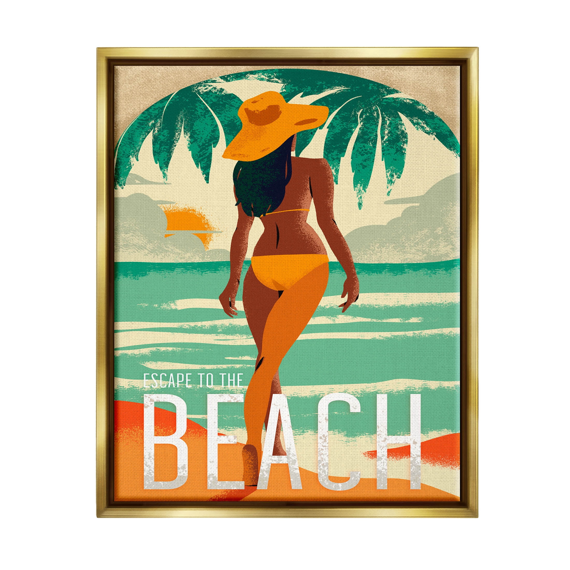 Stupell Industries Escape to Beach Vacation Graphic Art Metallic Gold Floating Framed Canvas Print Wall Art, Design by Ziwei Li