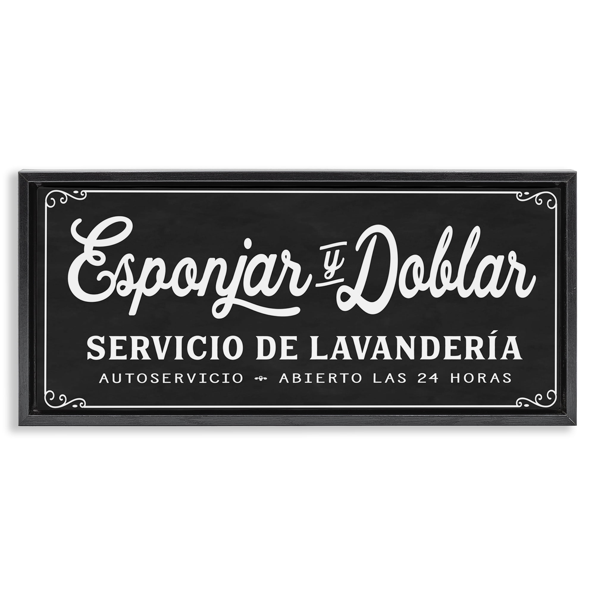 Stupell Industries Esponjar y Doblar Lavandería Bath & Laundry Painting Black Floater Framed Art Print Wall Art, 31 x 14
