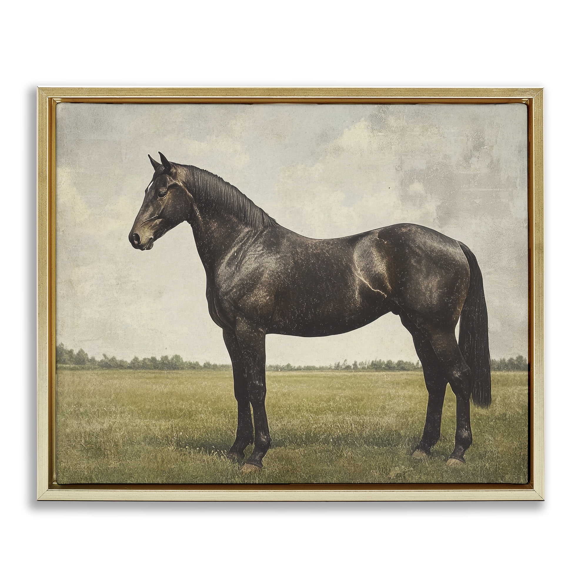 Stupell Industries Espresso Horse in Pastoral Field Gold Framed Floater Canvas Wall Art, design by Petal Prints Design