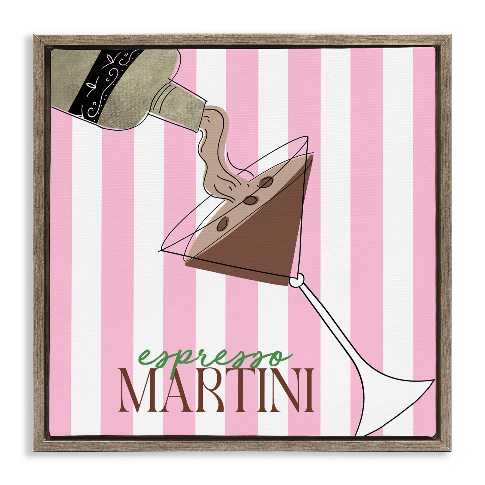 Stupell Industries Espresso Martini Pink Stripes Brown Framed Floater Canvas Wall Art, design by Deidre Mosher