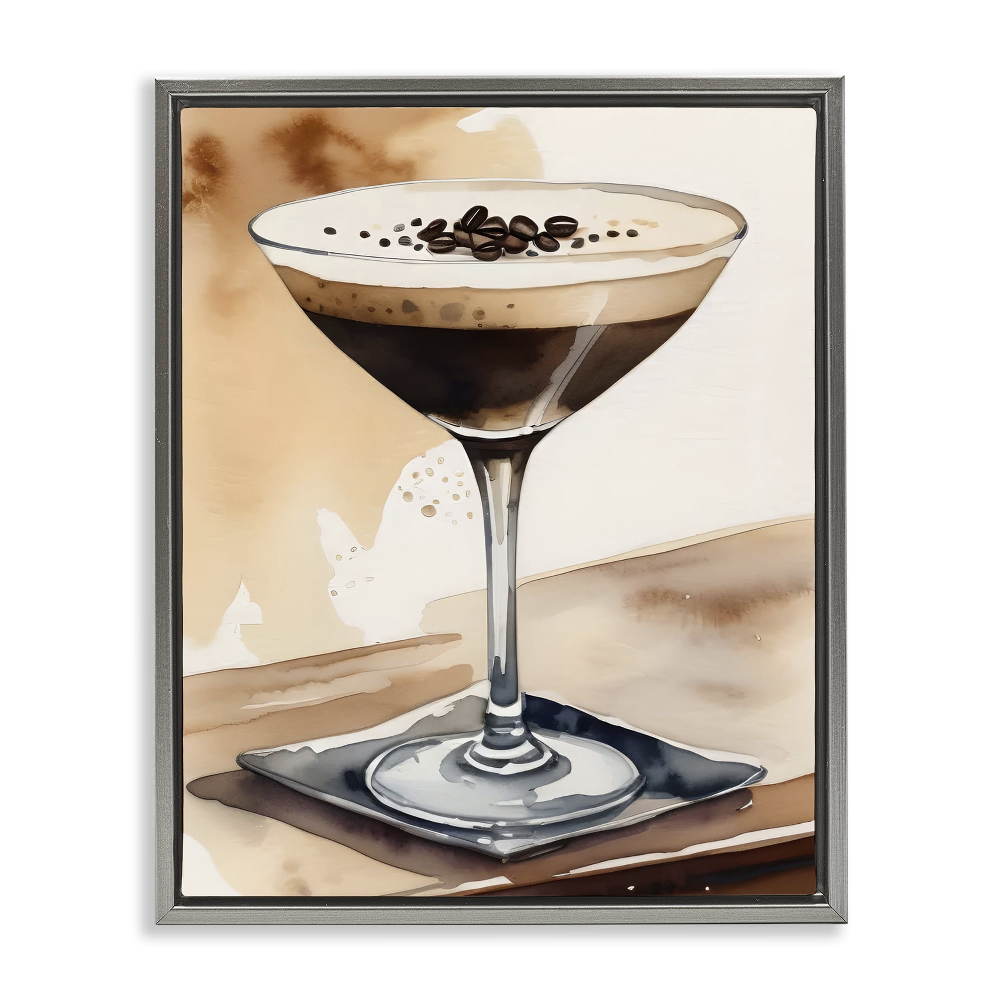 Stupell Industries Espresso Martini Watercolor Food & Beverage Painting Gray Floater Framed Canvas Art Print Wall Art, 25 x 31