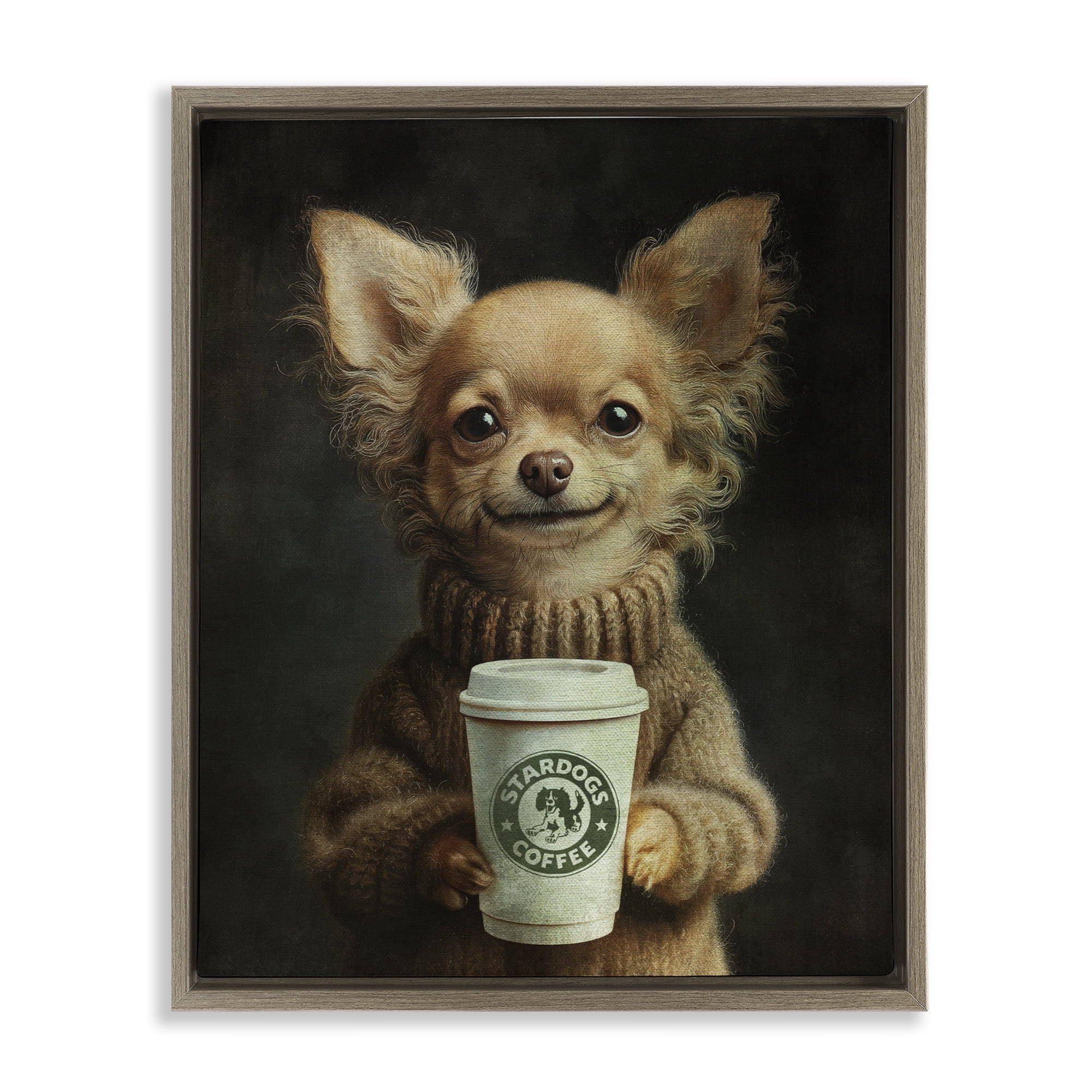 Stupell Industries Espresso Pup in Cozy Sweater Brown Framed Floater Canvas Wall Art, design by Svetlana Aleynikova