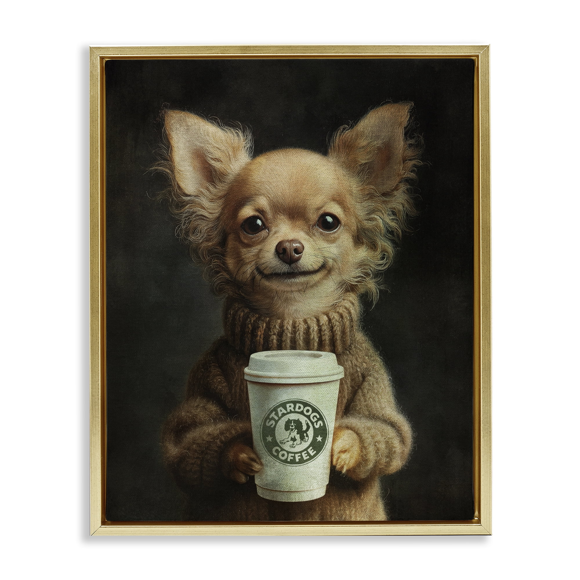 Stupell Industries Espresso Pup in Cozy Sweater Gold Framed Floater Canvas Wall Art, design by Svetlana Aleynikova