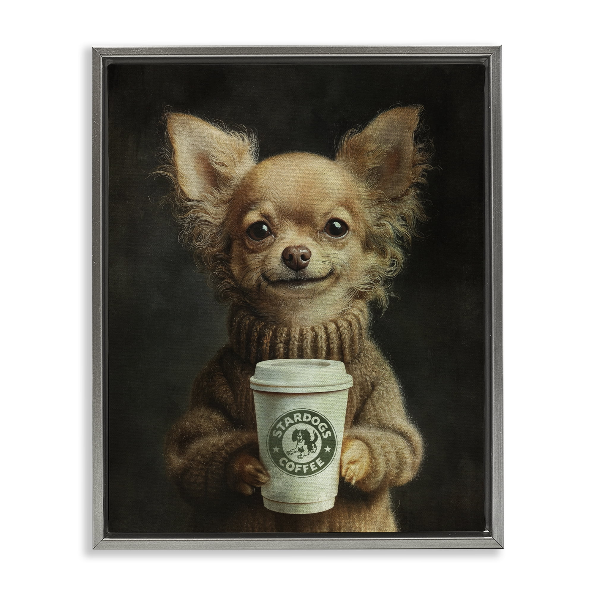 Stupell Industries Espresso Pup in Cozy Sweater Gray Framed Floater Canvas Wall Art, design by Svetlana Aleynikova