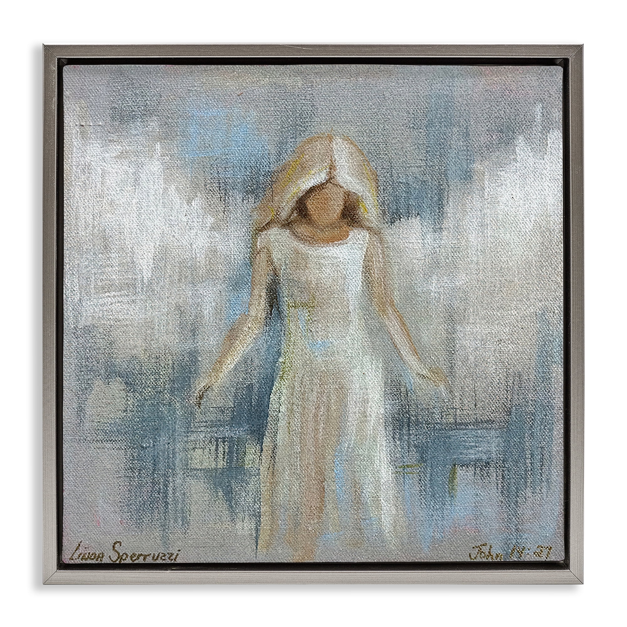 Stupell Industries Ethereal Peace Angel Gray Framed Floater Canvas Wall Art, design by Linda Sperruzzi