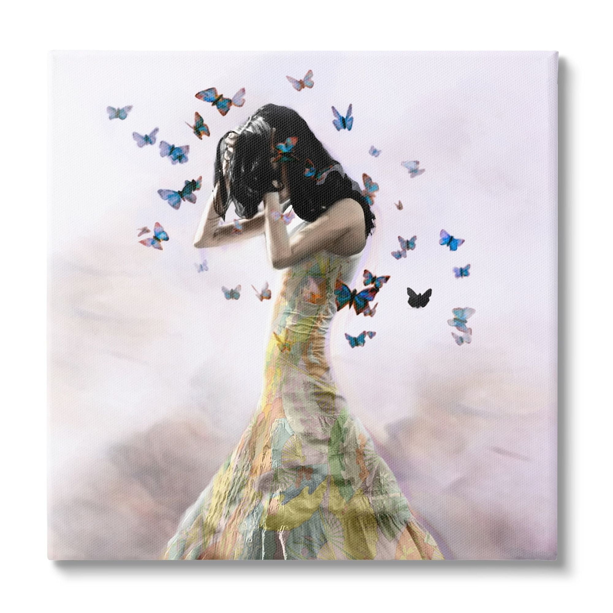 Stupell Industries Ethereal Woman Yellow Gown Flying Blue Butterflies Canvas Wall Art, 24 x 24, Design by Christopher Cuseo