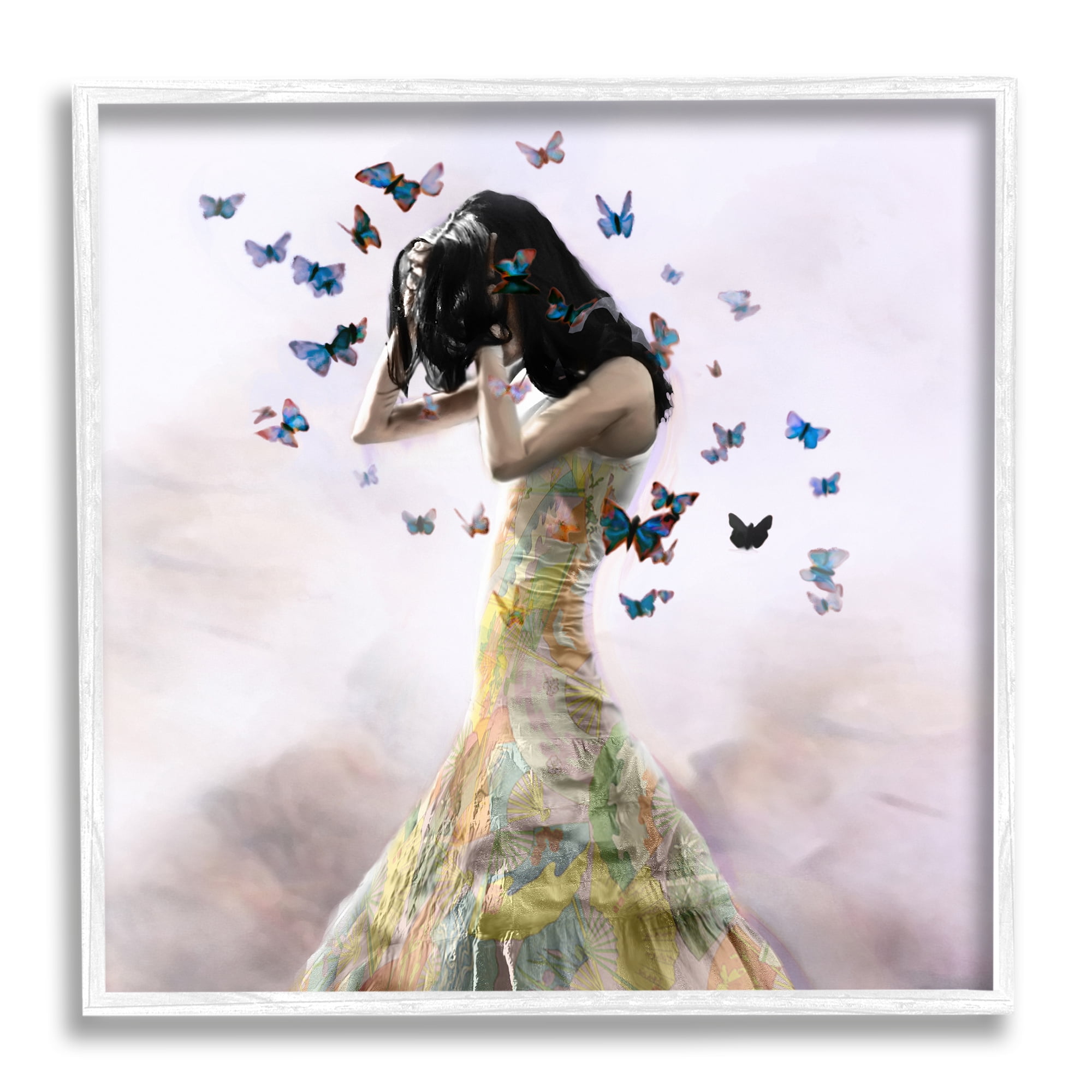 Ethereal Woman Yellow Gown Flying Blue Butterflies Animals & Insects Graphic Art Framed Art Print Wall Art