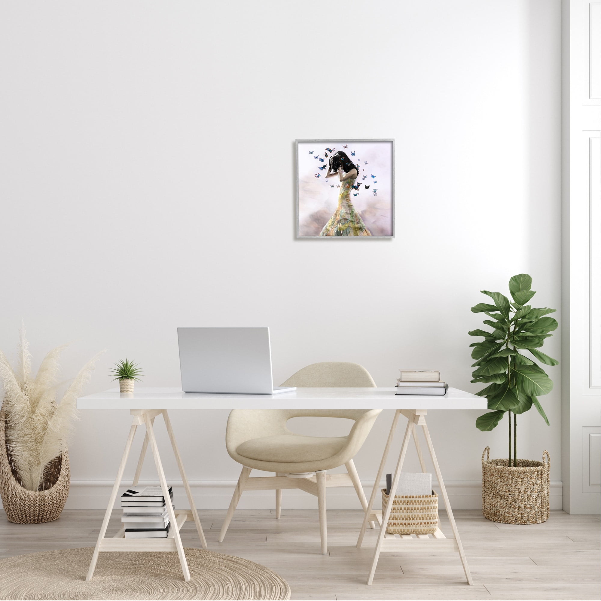 Ethereal Woman in Yellow Gown with Flying Blue Butterflies Canvas Art