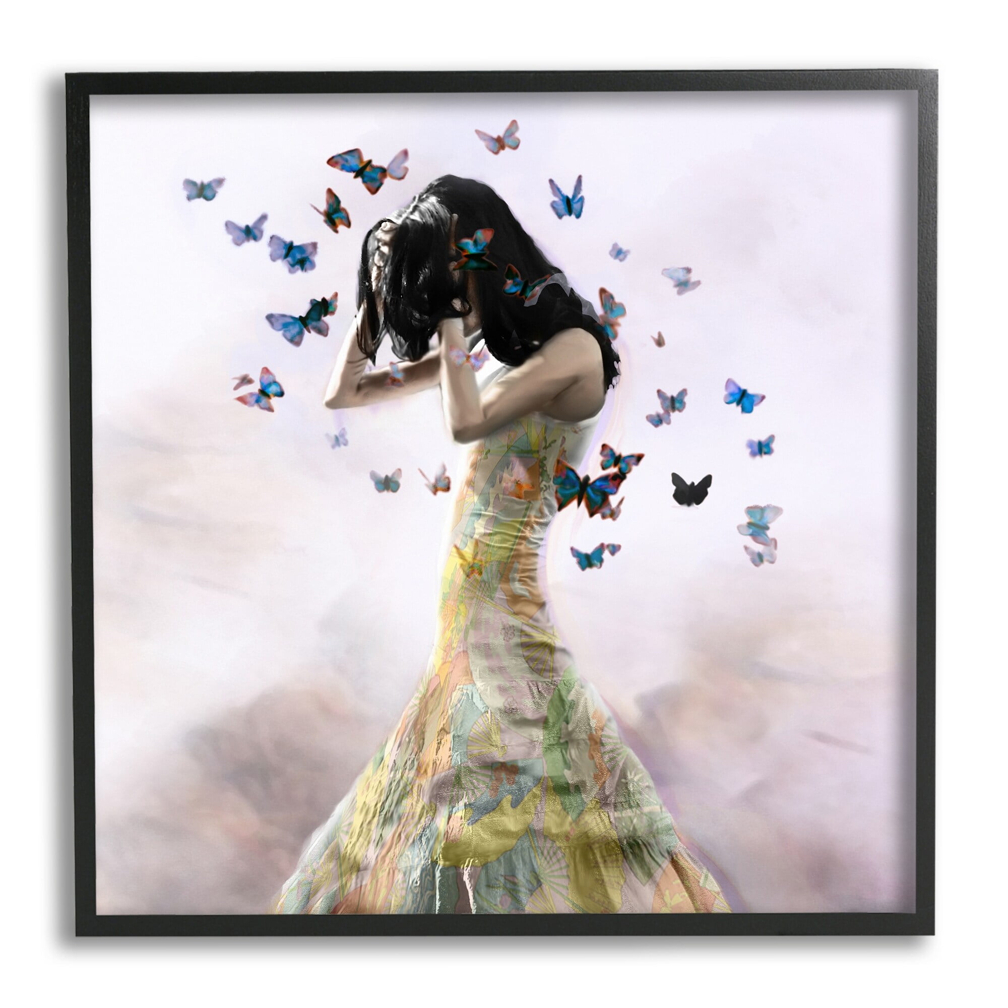 Stupell Industries Ethereal Woman Yellow Gown Flying Blue Butterflies Framed Wall Art, 24 x 24, Design by Christopher Cuseo