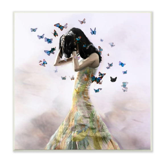 Stupell Industries Ethereal Woman Yellow Gown Flying Blue Butterflies Wood Wall Art, 12 x 12, Design by Christopher Cuseo