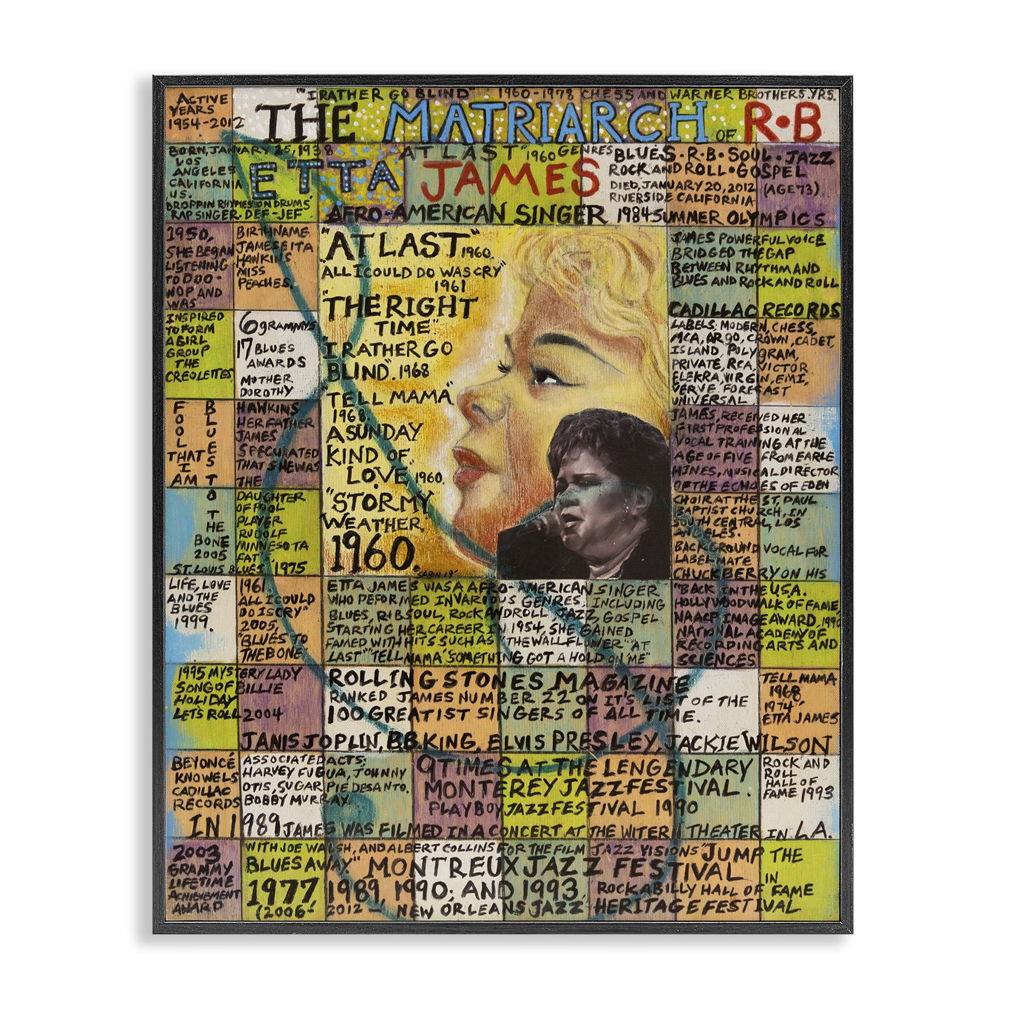 Stupell Industries Etta James Collage People Drawing Black Framed Art Print Wall Art, 24 x 30