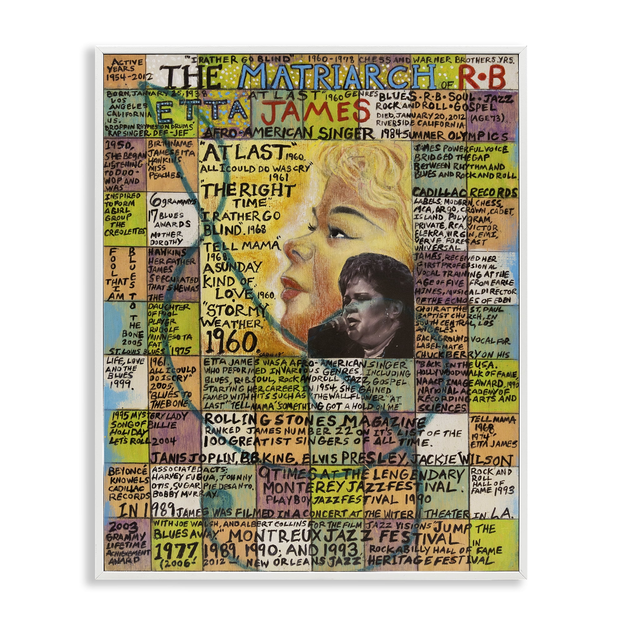 Stupell Industries Etta James Collage People Drawing White Framed Art Print Wall Art, 16 x 20