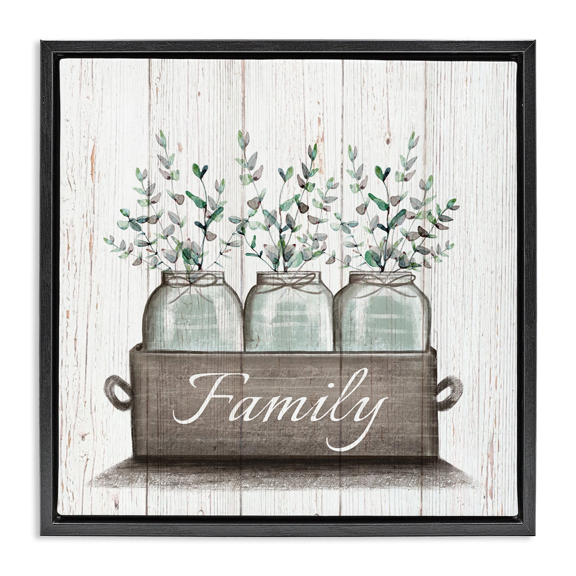 Stupell Industries Eucalyptus Foliage Jars Botanical & Floral Painting Black Floater Framed Canvas Art Print Wall Art, 25 x 25