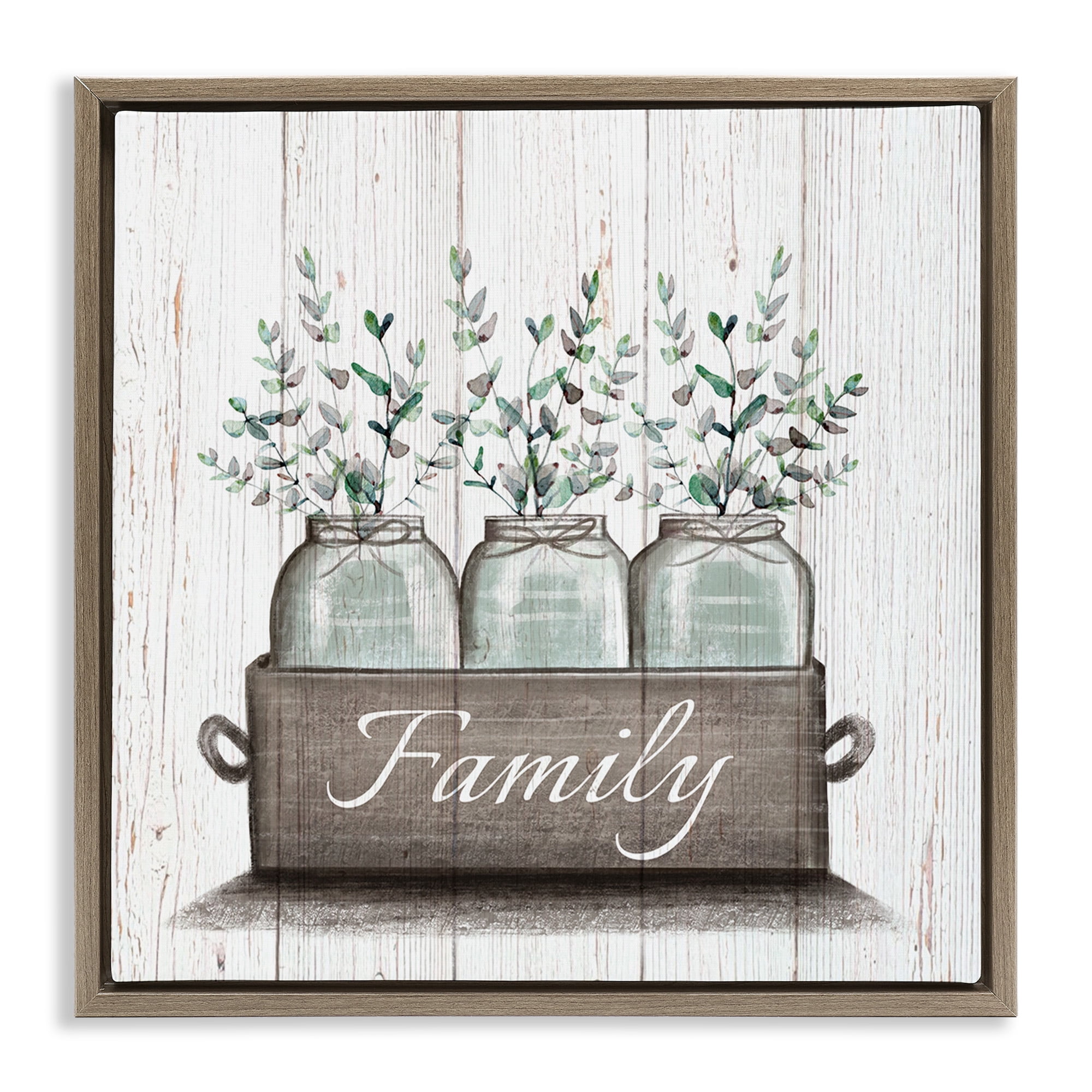 Stupell Industries Eucalyptus Foliage Jars Botanical & Floral Painting Brown Floater Framed Canvas Art Print Wall Art, 18 x 18