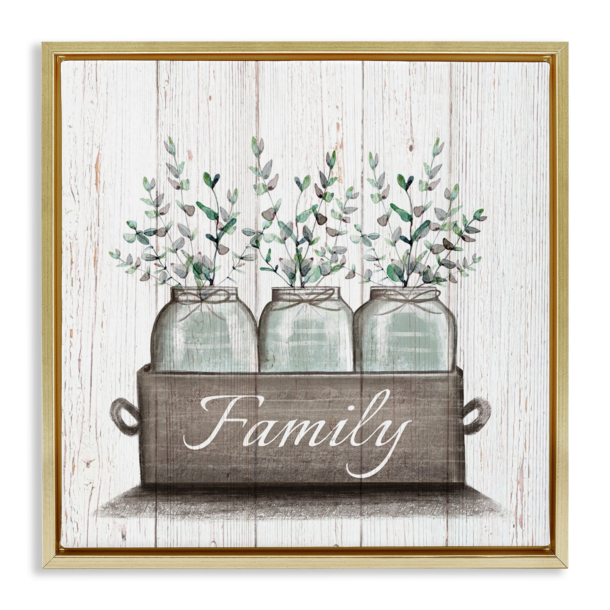 Stupell Industries Eucalyptus Foliage Jars Botanical & Floral Painting Gold Floater Framed Canvas Art Print Wall Art, 25 x 25