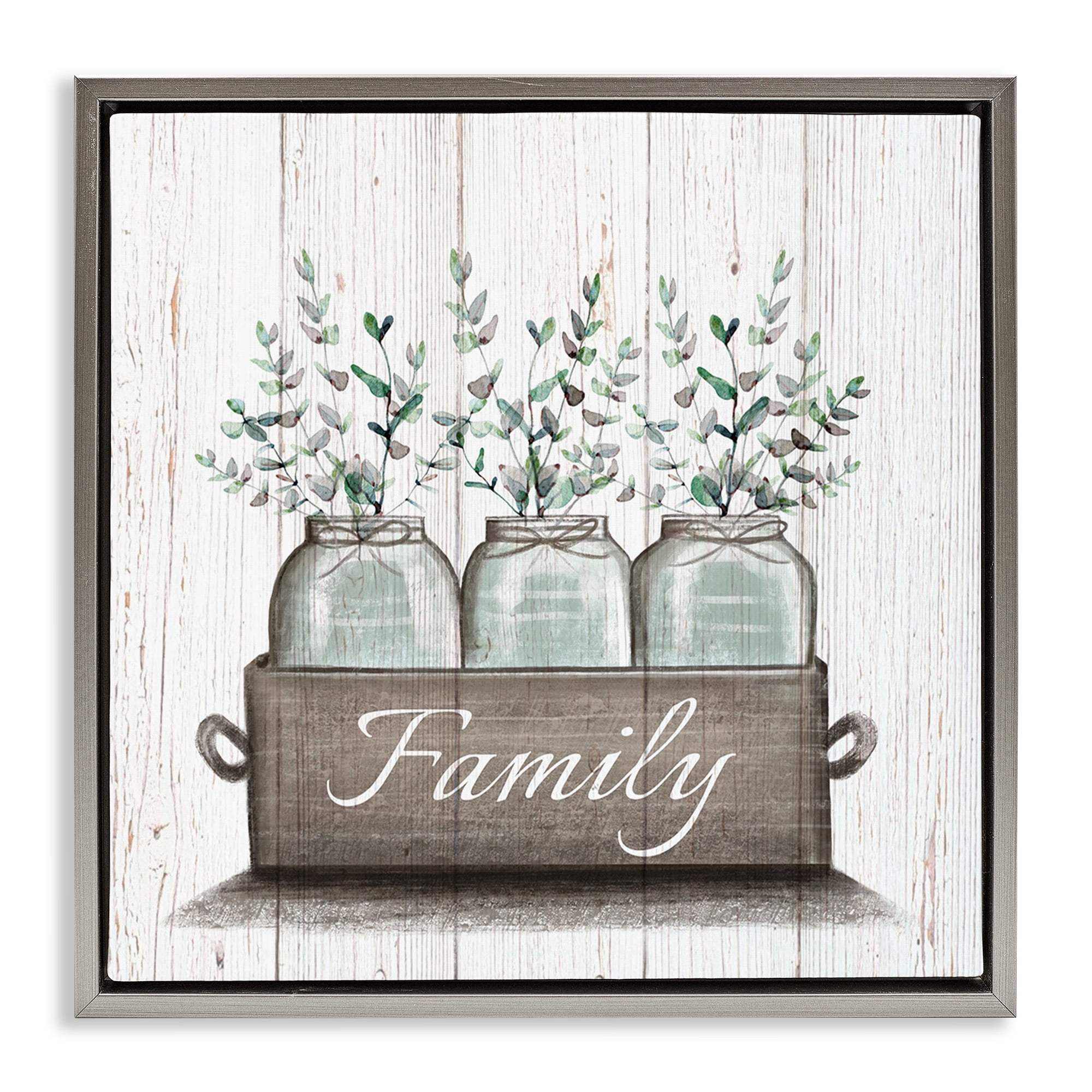 Stupell Industries Eucalyptus Foliage Jars Botanical & Floral Painting Gray Floater Framed Canvas Art Print Wall Art, 25 x 25