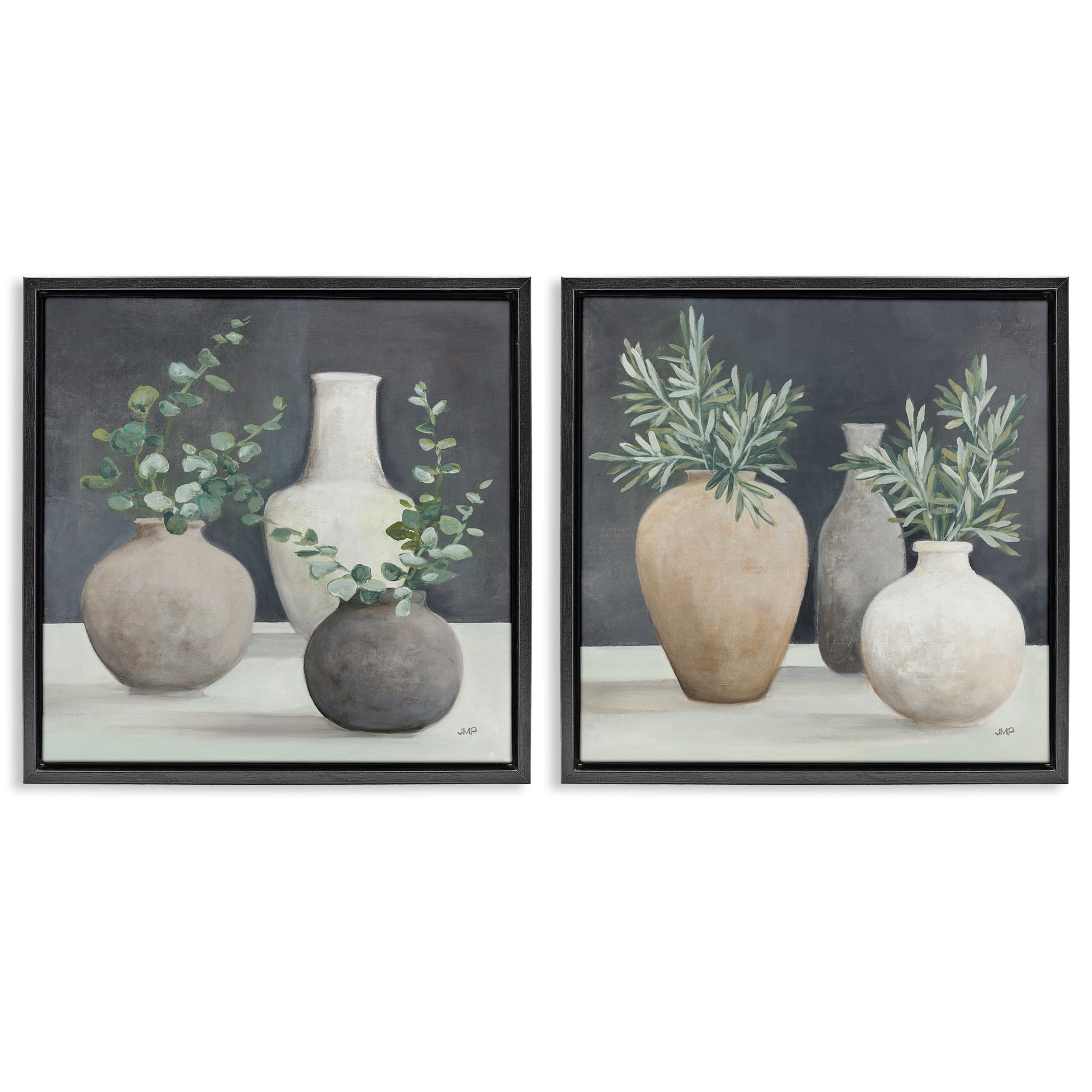 Stupell Industries Eucalyptus Greens Fresh Vessels Plants & Flowers Painting Black Floater Framed Canvas Art Print Wall Art, 25 x 25, Set of 2