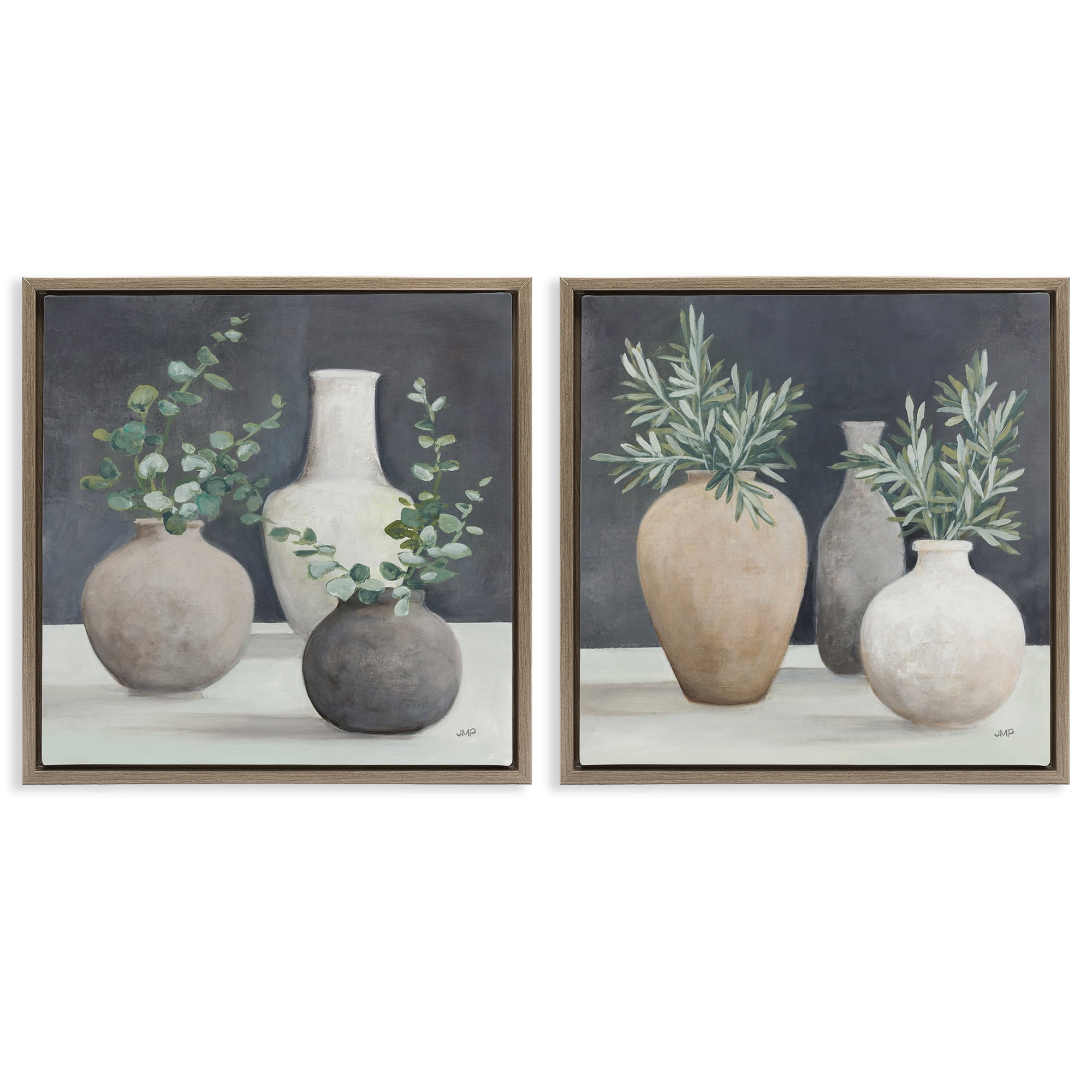 Stupell Industries Eucalyptus Greens Fresh Vessels Plants & Flowers Painting Brown Floater Framed Canvas Art Print Wall Art, 18 x 18, Set of 2