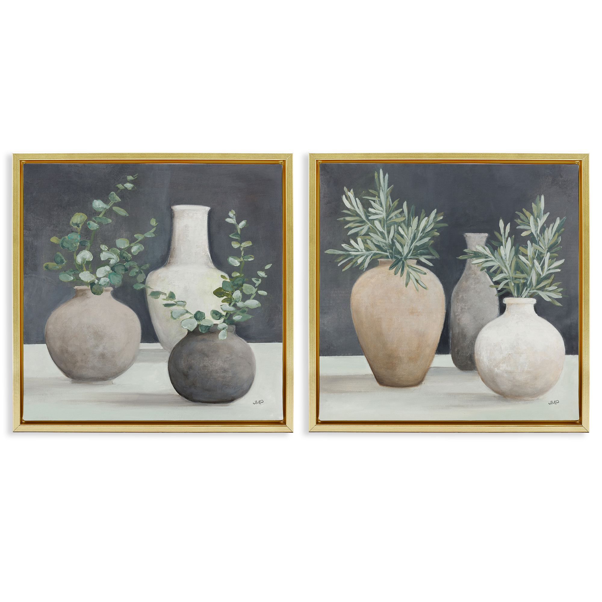 Stupell Industries Eucalyptus Greens Fresh Vessels Plants & Flowers Painting Gold Floater Framed Canvas Art Print Wall Art, 18 x 18, Set of 2