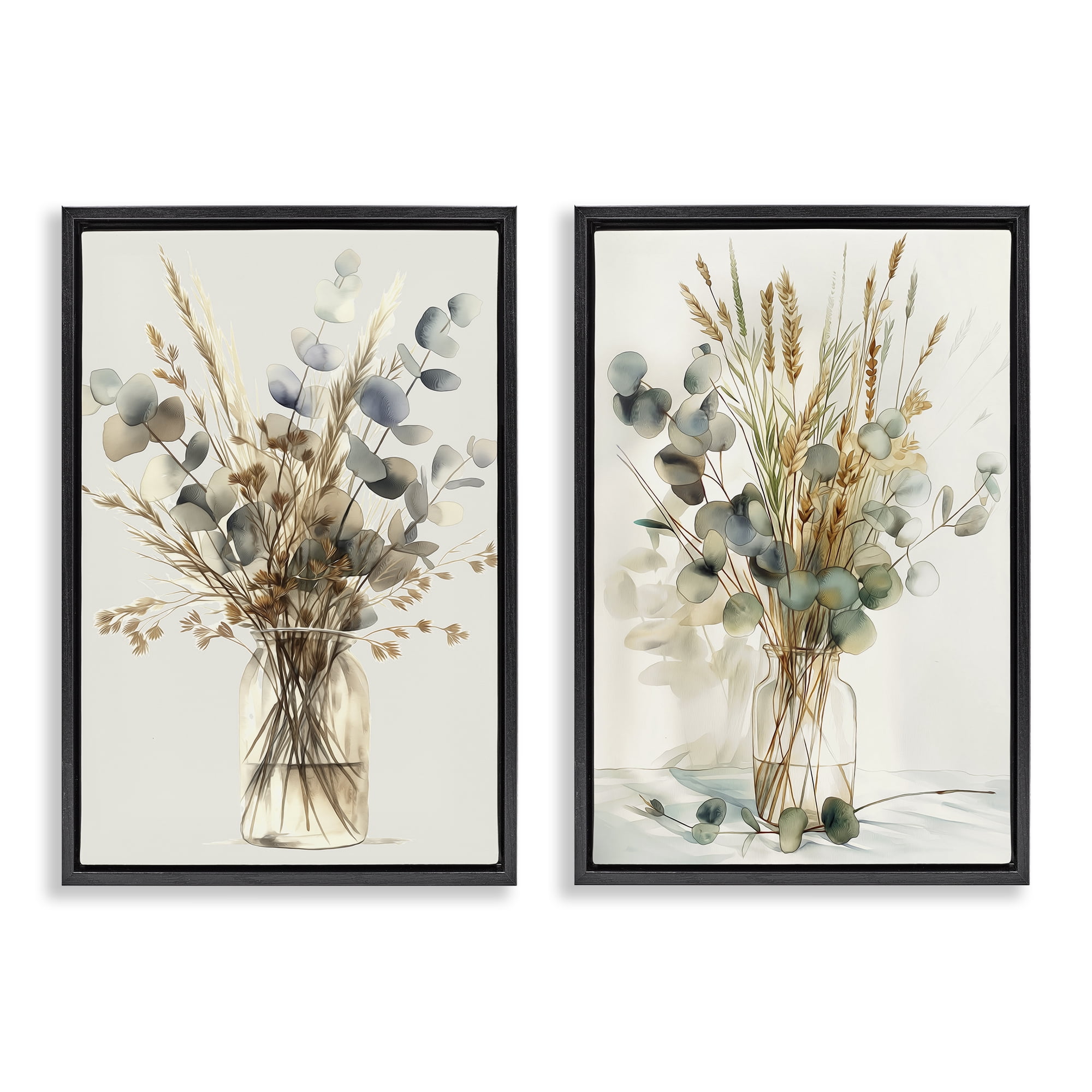 Stupell Industries Eucalyptus Jar Bouquets Plants & Flowers Painting Black Floater Framed Canvas Art Print Wall Art, 21 x 31, Set of 2