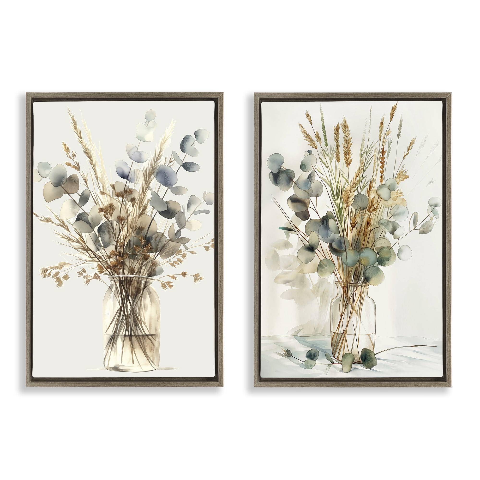 Stupell Industries Eucalyptus Jar Bouquets Plants & Flowers Painting Brown Floater Framed Canvas Art Print Wall Art, 21 x 31, Set of 2